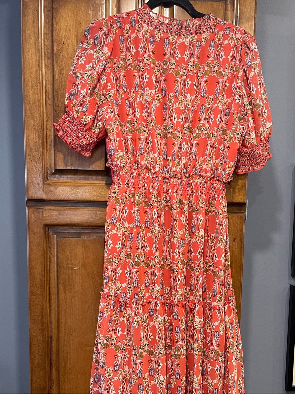 Max Studio Coral Floral Midi Dress with Smocked Waist